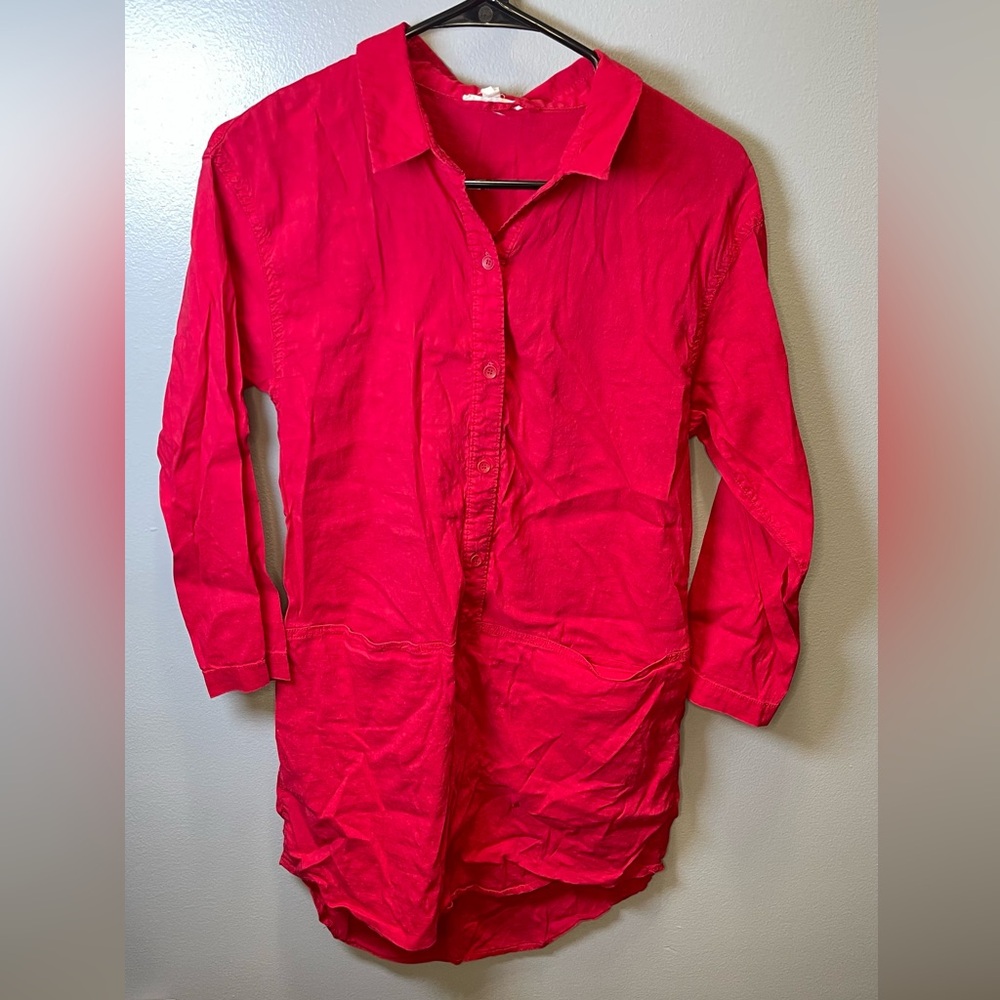 Eileen Fisher Women's Red Collared Shirt Dress Organic Linen Size‎ Small
